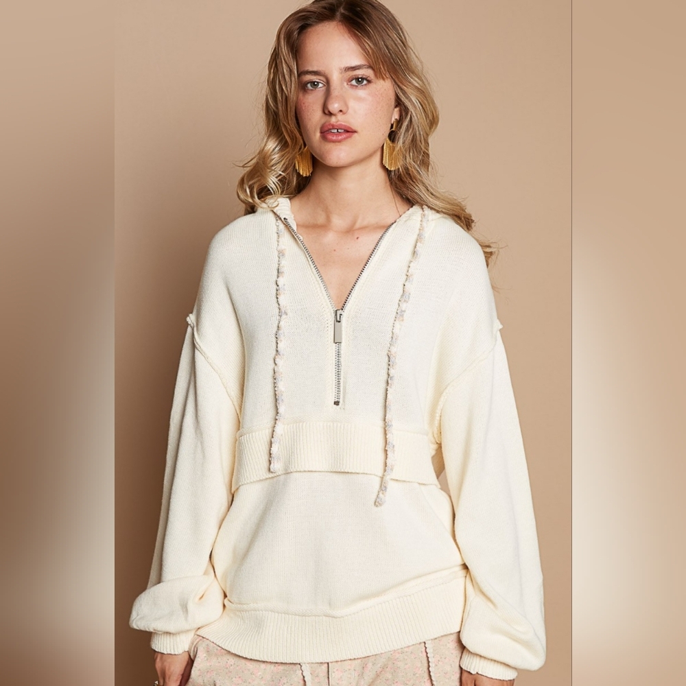 POL Half Zip Drop Shoulder Hooded Sweater
